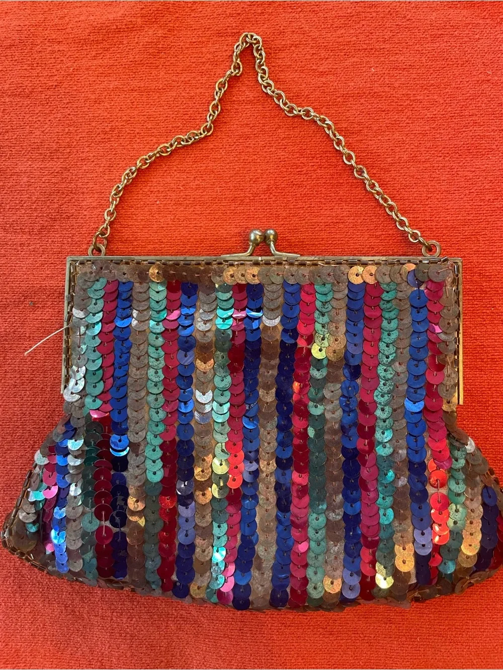 Sequin Stripe Vintage Evening Clutch - Multicolor With Gold Frame & Chain